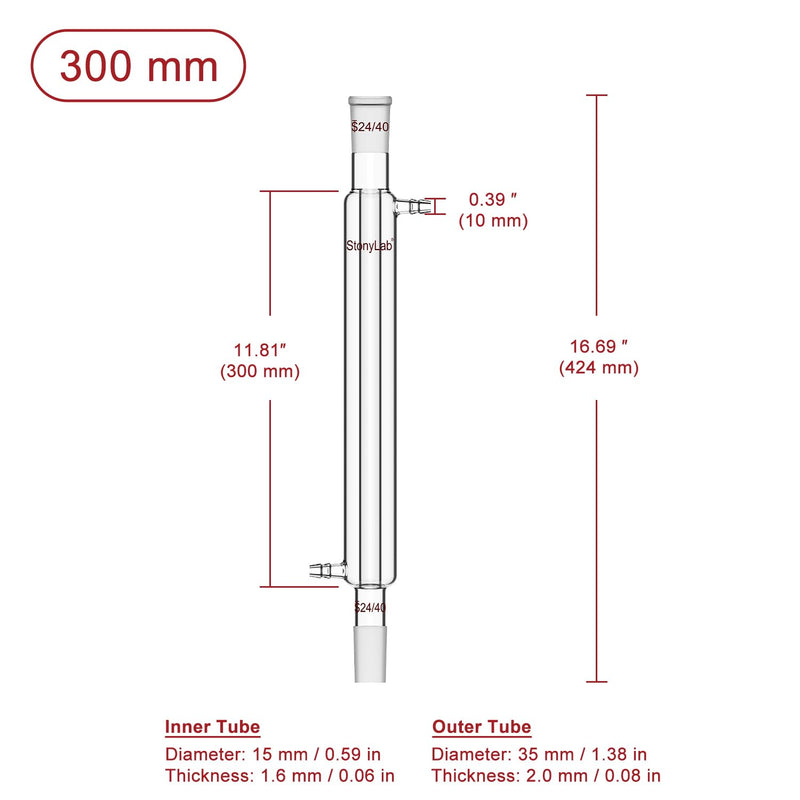 stonylab Liebig Condenser, Borosilicate Glass Liebig Condenser with 24/40 Joint, Jacket Length 11.81 Inch, Laboratory Condensation Distillation Glassware 300 mm