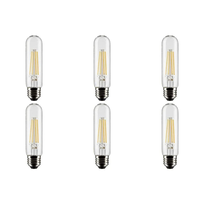 Satco 8-Watt LED Filament T10 Light Bulbs, 3000K Soft White, 800 Lumen, E26 Medium Base, 15000 Hour Rating, Dimmable, Wet Location, 6 Pack