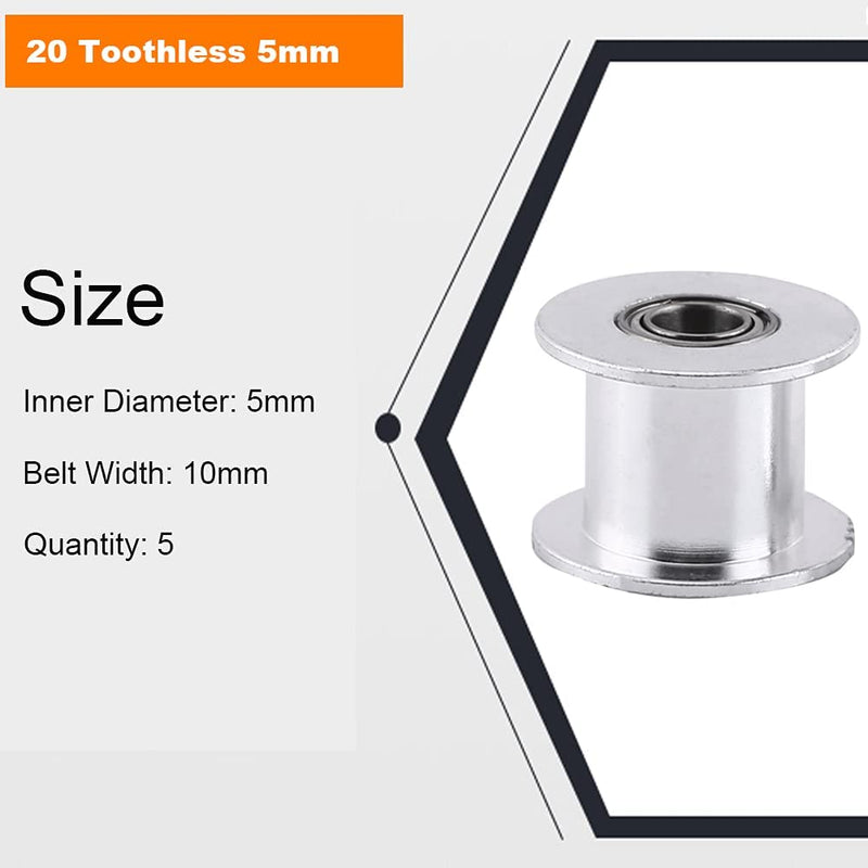 5-Pack GT2 Idler Pulleys, GT2 20 Toothless Bore 5mm Aluminum Timing Belt Idler Pulley for 10mm Width 3D Printer Timing Belt