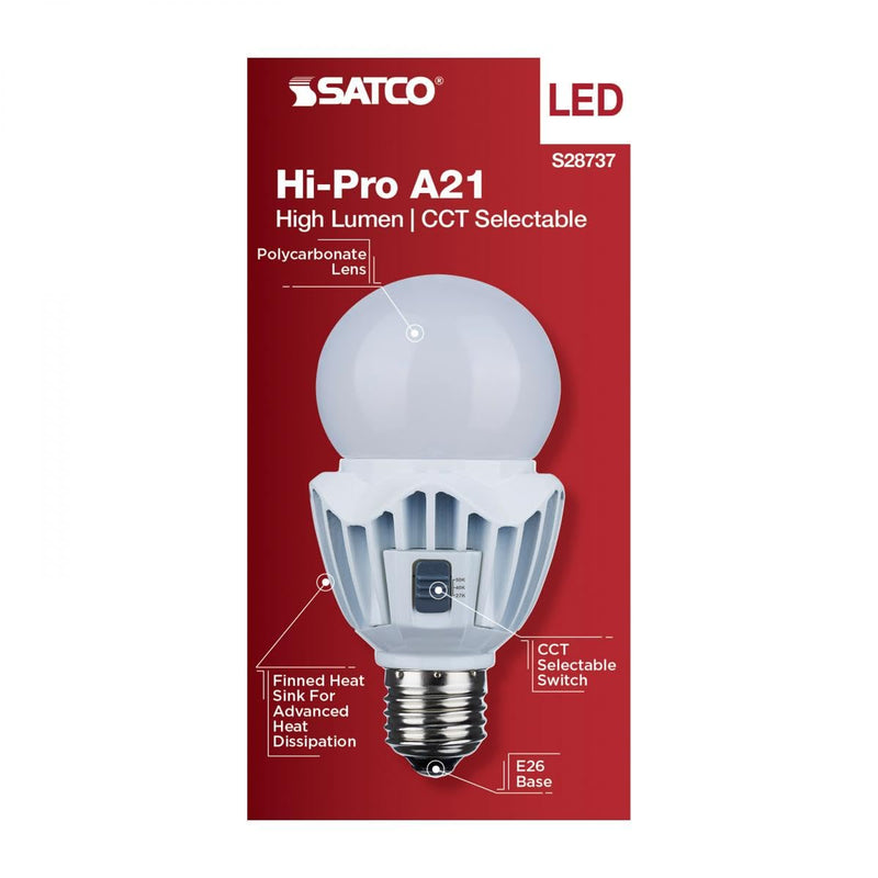 Satco S28737 Hi-Pro A21 High Lumen LED Light Bulb, CCT Selectable 2700K/4000K/5000K, 20 Watts, White