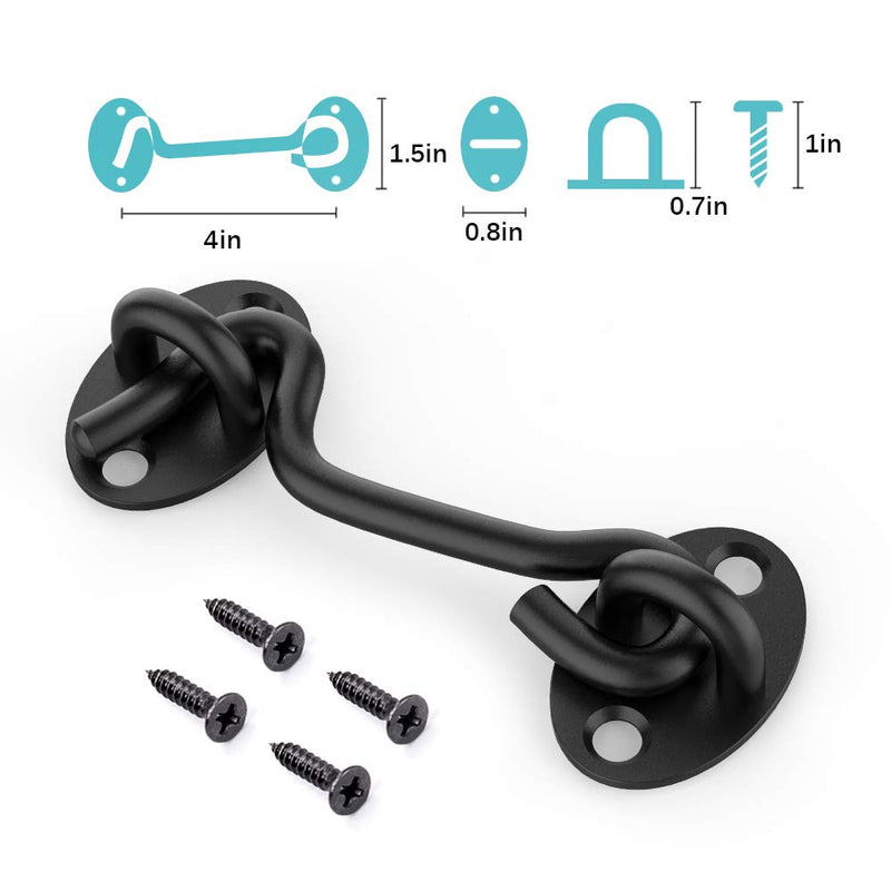 Barn Door Lock Gate Latch - 2 Pack 4 Inch Black Hook and Eye Latch Heavy Duty Screen Latches Hardware Stainless Steel Gate Lock Cabin Hooks for Sliding Door Bedroom Outdoor Window Cabinet Bathroom 2Pack Black
