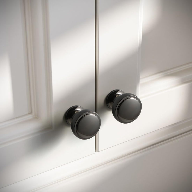 YAGU 10 Pack Polished Black Kitchen Cabinet Knobs 1.1 Inch Round Solid Dresser Drawer Knob Dark Grey Modern Hardware Bright Gunmetal Pulls for Closet Cupboard Wardrobe
