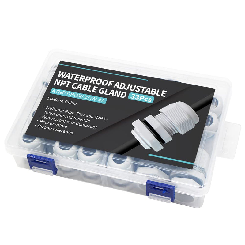 33PCS Cable Gland Waterproof Kit White IP68, Plastic Cable Connectors Black Nylon Adjustable 3-18mm with Locknut and Washer,Electrical Conduit Fitting 1/4” 3/8”1/2”3/4” Strain Relief Cord Grip 33pcs kit box