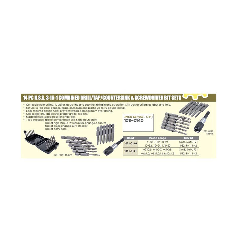 HHIP 1011-0140 14 Piece 6-32~1/4-20 High Speed Steel 3-in-1 Tap and Drill Kit 14 Pc. Set 6-32 to 1/4-20