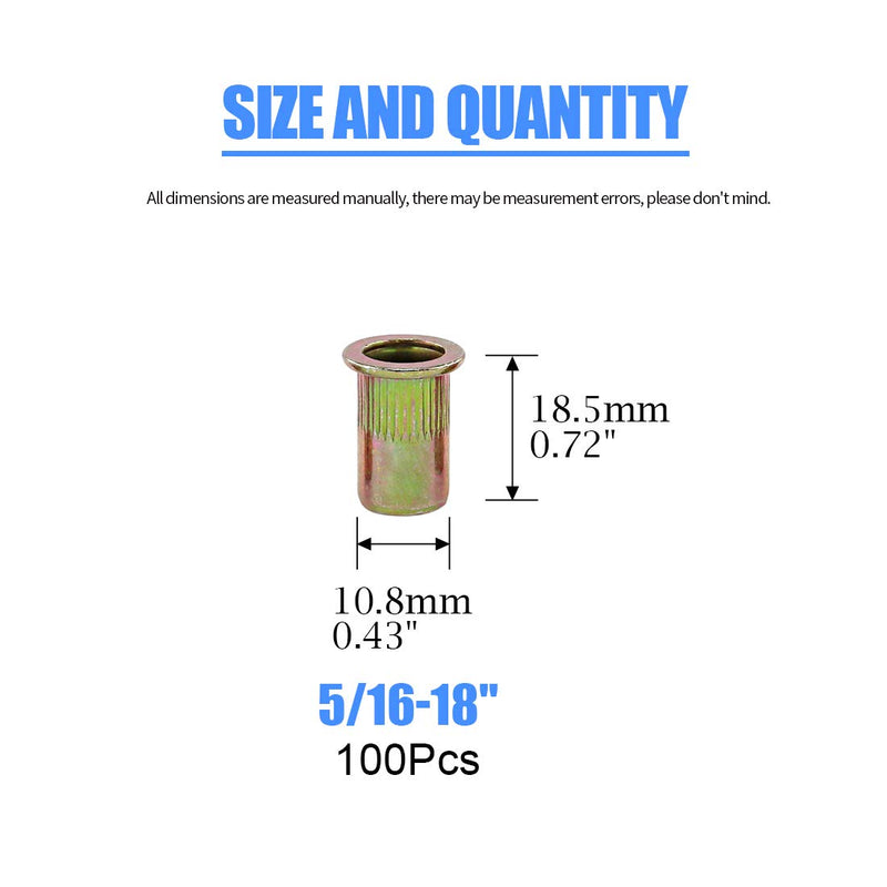 Glarks 100Pcs 5/16"-18UNC Zinc Plated Carbon Steel Rivet Nut Flat Head Rivnut Threaded Insert Nuts Set (5/16"-18UNC)