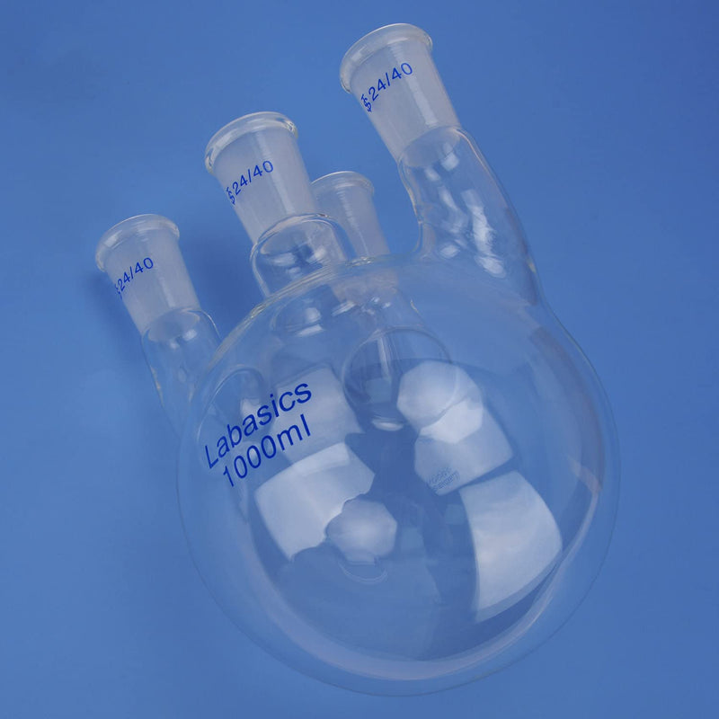 Labasics Round Bottom Flask with 4 Upright Necks, Heavy Wall Borosilicate Glass Round Bottom Boiling Flask with 24/40 Standard Taper Outer Joint, for Laboratory Use, 1000 ml