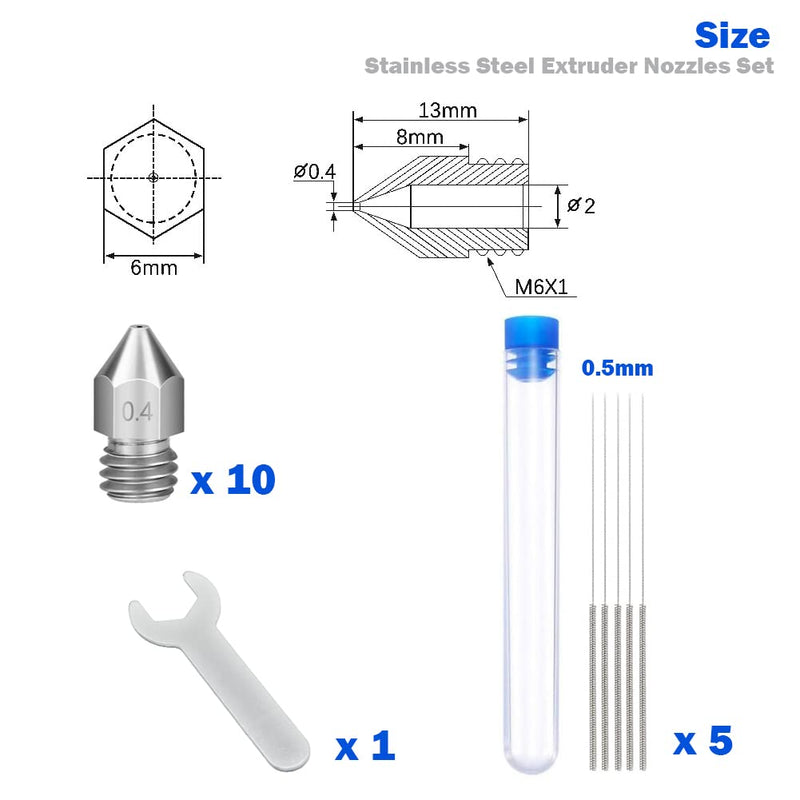 3D Printer Stainless Steel Extruder Nozzles Set, 10PCS Stainless Steel 0.4MM MK8 Nozzles, 5PCS 0.4MM Nozzles Cleaning Needles with Wrench for Makerbot Creality CR-10/Ender 3/3 V2/3 S1/5 Prusa i3