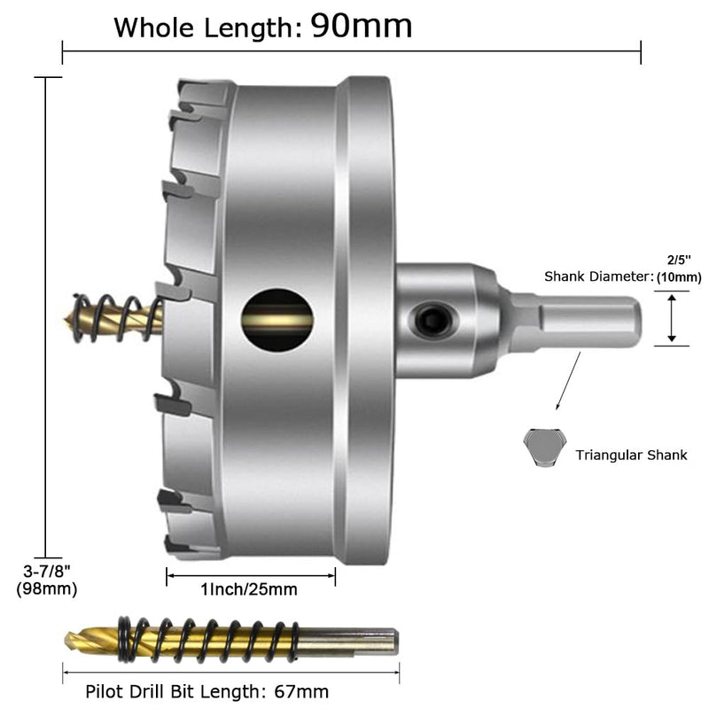 ASNOMY Tungsten Carbide Tipped Hole Saw Drill Bit for Hard Metal, 3-7/8 Inch T.C.T Hole Saw Cutter with 2pcs Titanium-Plated Pilot Drill bit for Metal, Steel, Iron, Wood, Plastic 98mm | 3-7/8''