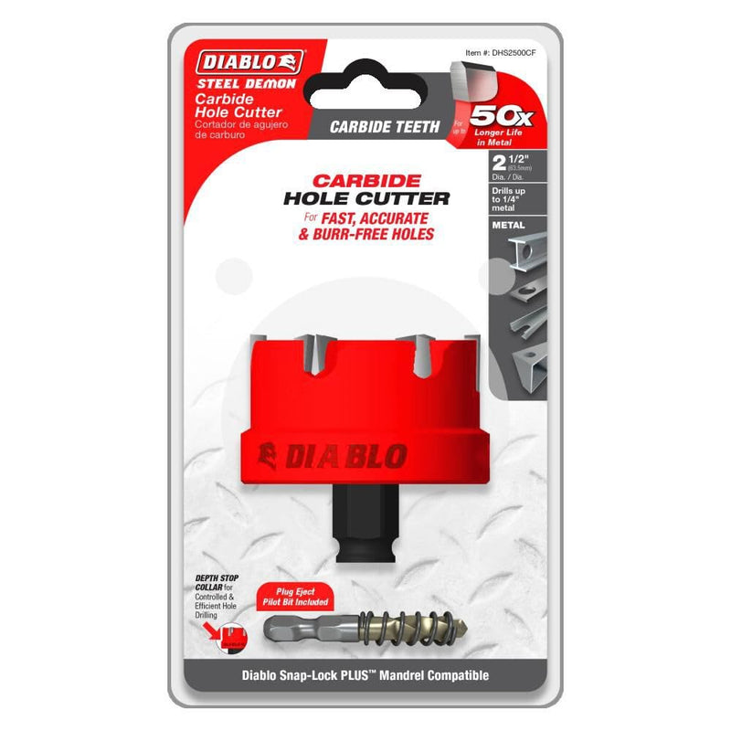 Diablo Steel Demon Carbide Teeth Hole Cutter - 2-1/2" Diameter | 50X Longer Life, Depth Stop Collar, Tool-Free Plug Ejection for Metal Drilling - DHS2500CF