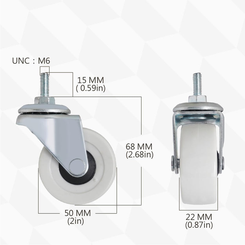 M6 Threaded Stem Caster Wheels, 2 Inch PVC Silent, No Noise and No Scratch Castor Wheels, Replacement for Tiny Shelving, Slide Storage Cart for Office, Kitchen & Laundry Room, Set of 2 Brake 2 Swivel M6x15mm with 2 INCH CASTER