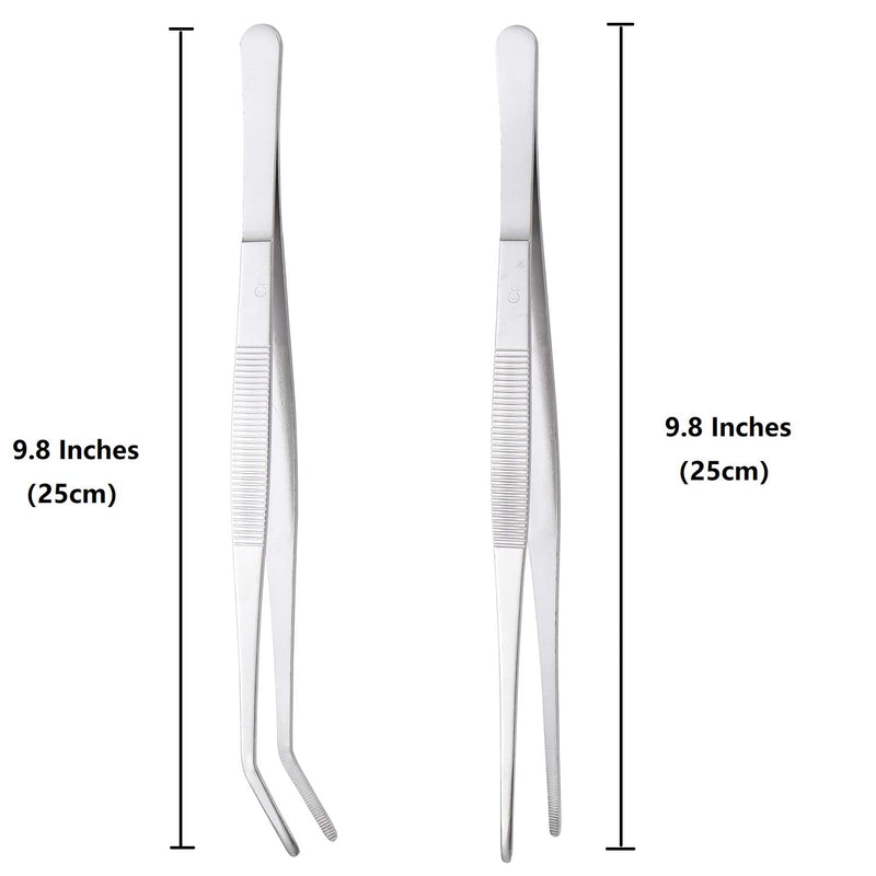 Miupoo Long Handle Stainless Steel Paint Straight and Curved Tweezers Nippers,Extra Long Precision Craft Tweezers Set with Serrated Tips,Silver,2 pieces,9.8Inches
