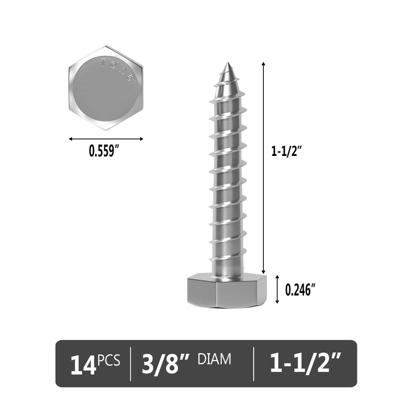 3/8" x 1-1/2" Hex Head Lag Screws 14Pcs, 304 Stainless Steel 18-8 Lag Bolts Wood Screws Heavy Duty Large Screws for TV Mounts, Deck, Boat Repair 3/8x1-1/2 (14pcs)