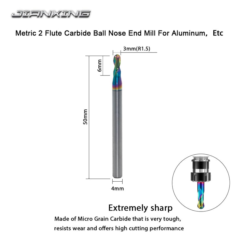 3mm R1.5 DLC Coated 2-Flute Carbide Ball Nose End Mill, Ideal for Aluminum, Copper Alloys, and Plastic Machining – High Precision & Wear-Resistant Cutting Tool (3 Pack) 3mm 3