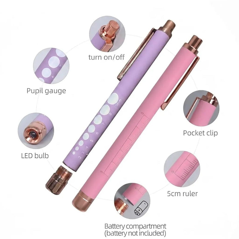 2PCS Professional Pen Light with Pupil Gauge and Ruler-Bright White LED Medical Penlight for Nurses, Doctors, EMTs-Compact, Portable, Without Battry (Pink&Purple) Pink&Purple