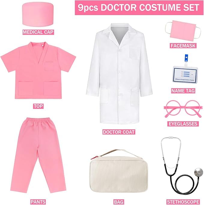 Doctor Costume For Kids With Real Stethoscope Kids Scrubs Halloween Costumes For Girls Boys Doctor Dress Up 9 Pcs Pink 5-6 years