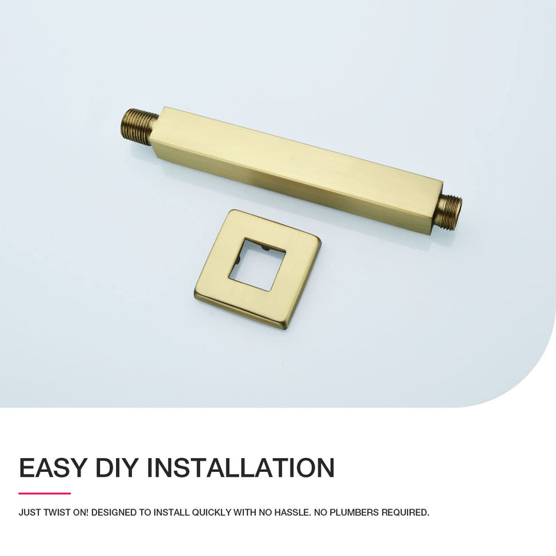 Brushed Gold Shower Arm with Flange 6 Inch Straight Stainless Steel Top Rainfall Shower Head Extension Pipe Square Shaped 6 Inches Brushed Gold