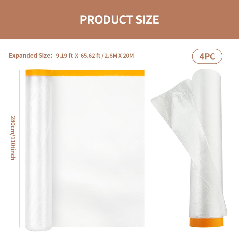 4 Rolls Pre-Taped Masking Film Plastic Sheeting Painters Plastic with Tape Paint Adhesive Protective Film Roll for Painting Covering Walls Windows Auto Body, 8.8 x 65 Feet