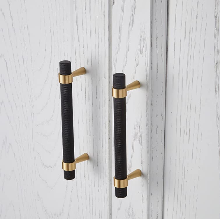 Set of 2 Solid Brass Cabinet Pulls 6.3 Inch (5 Inch Hole Centers) Gold Black Knurled Textured Cabinet Handles Brass Pulls for Dresser Door Drawer Hardware (2, Black Gold)