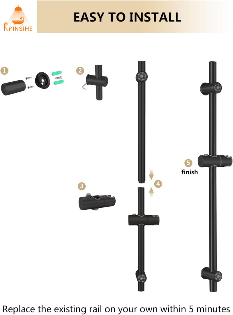 Shower Slide Bar Stainless Steel 32-Inch, Slide Bar Installation Distance 20-28 Inch with Plastic Adjustable Handheld Shower Head Holder for Bathroom Screw Wall Mount Matte Black