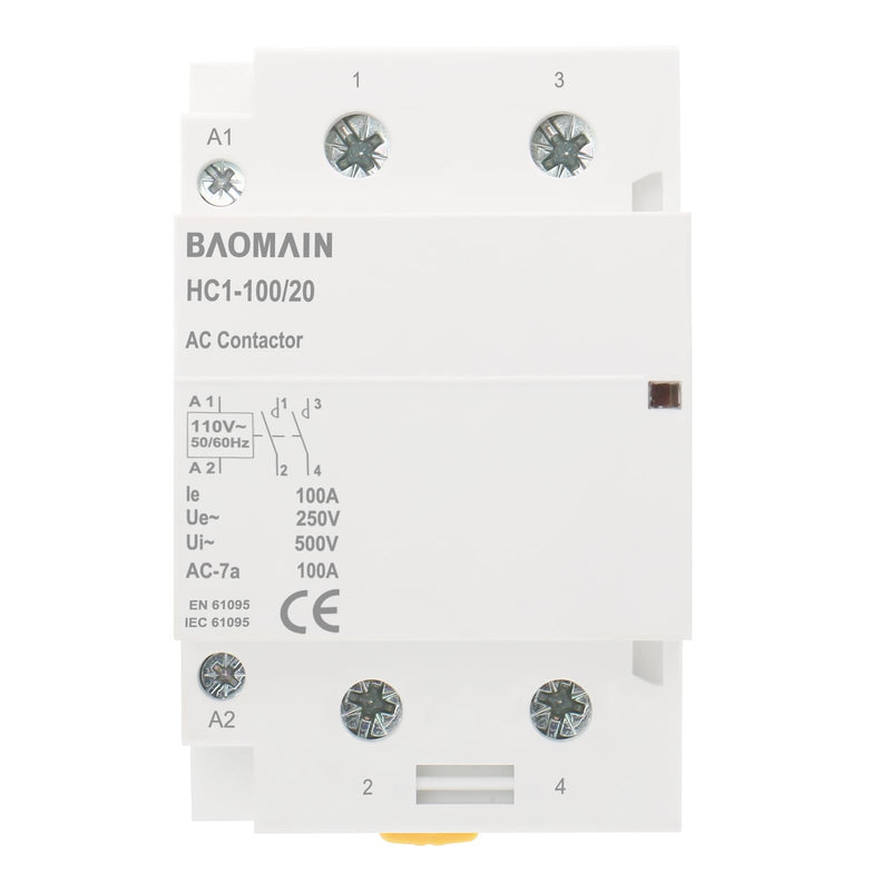BAOMAIN 110V AC 2-Pole 100A Household Contactor, 2NO, DIN Rail Mount | HC1-100 /20,BCT-100 /20,100Amp 2 Normally open AC110V contactor for HVAC,motor,pump,and lighting control