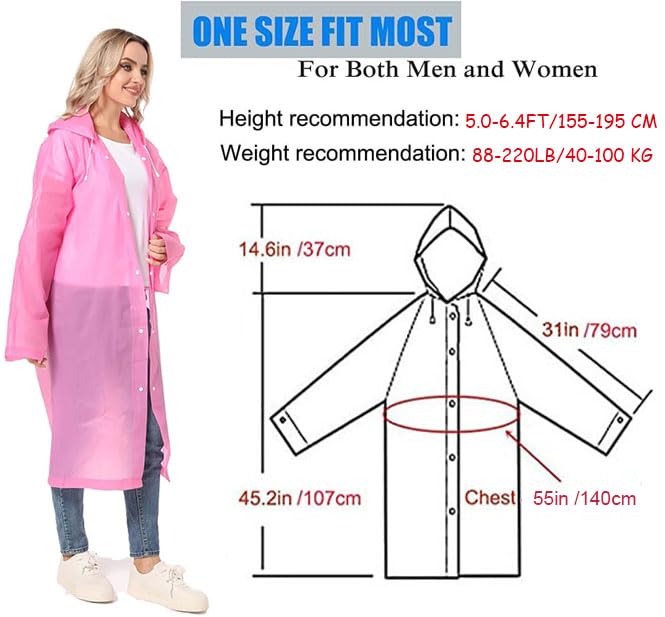 Rain Coat Poncho for Adult, 2 Pack Women Men Reusable Raincoats Emergency with Hood and Drawstring One Size Pink+pink