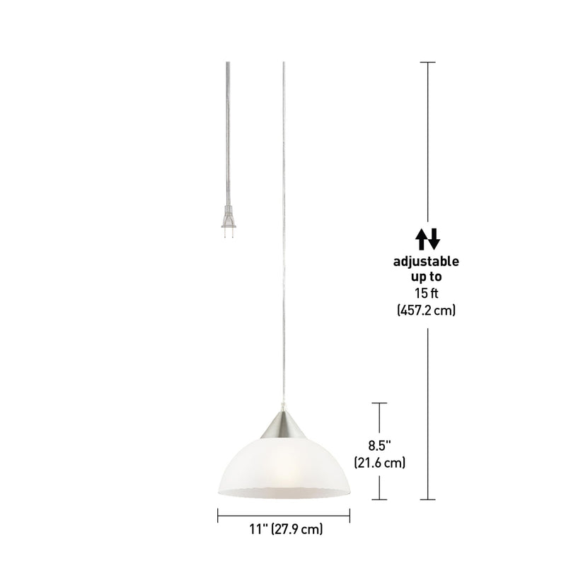 Globe Electric 64413 1-Light Plug-in Pendant, Brushed Steel, Frosted White Shade, 15ft Clear Cord, in-Line On/Off Switch, E26 Base Socket, Kitchen Island, Café, Hanging Light, Bulb Not Included Without Bulb