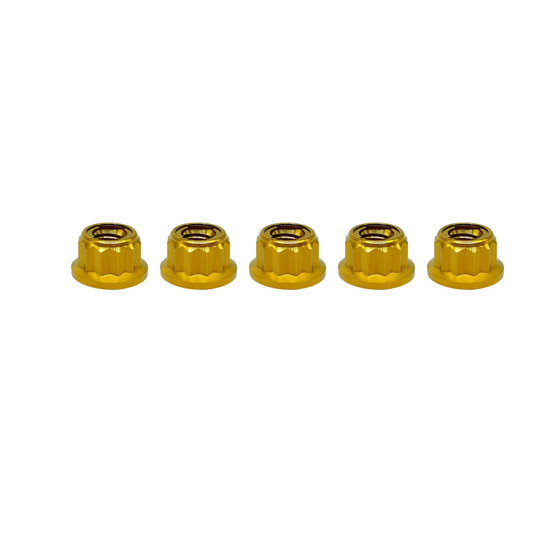 RISON Titanium Bi-Hex Sprocket Nut 12PT Flange Lock nut Titanium Metal Lock nut Pack of 5 (M8x1.25mm,Gold) M8x1.25mm Gold