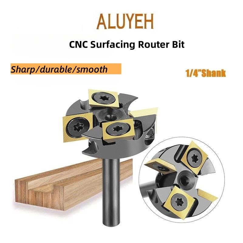 CNC Spoilboard Surfacing Router Bit（1/4" Shank, 2+2 Wing Design, 1-1/4" Cutting Diameter） TiN Coated Insert Carbide Slab Flattening Router Bit, Planing Bit Wood Planer Bit for Woodworking 1/4"shank,1-1/4"cutting diameter-Titanium Coated