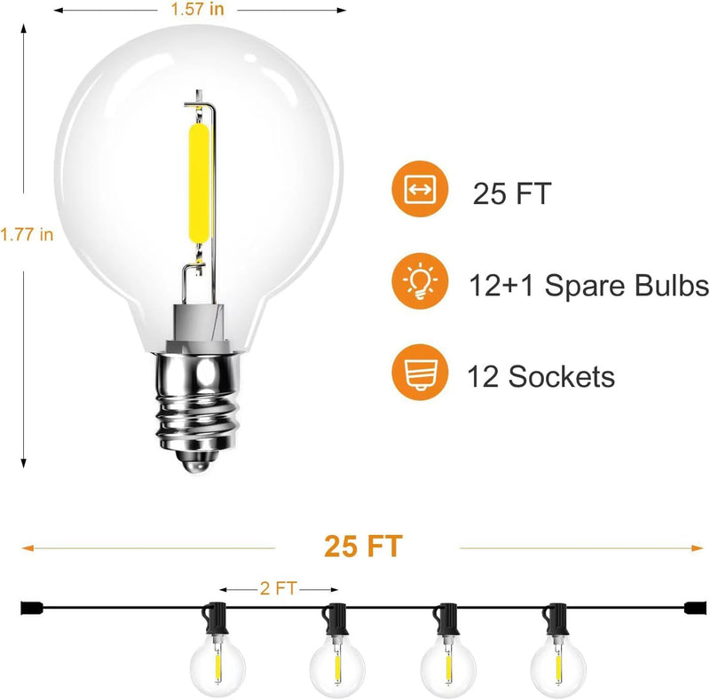 Outdoor String Lights 25ft, G40 Led Patio Lights with 13pcs Plastics Bulbs, Shatterproof Waterproof Connectable Hanging Globe Lights for Porch Cafe Bistro Backyard Gazebo Balcony Party