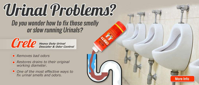 Crete (16 oz Bottle) Professional Urinal Descaler & Deodorizer. Restores urinal drains to their original working diameter, resolving slow-running issues and eliminating the source of odors.