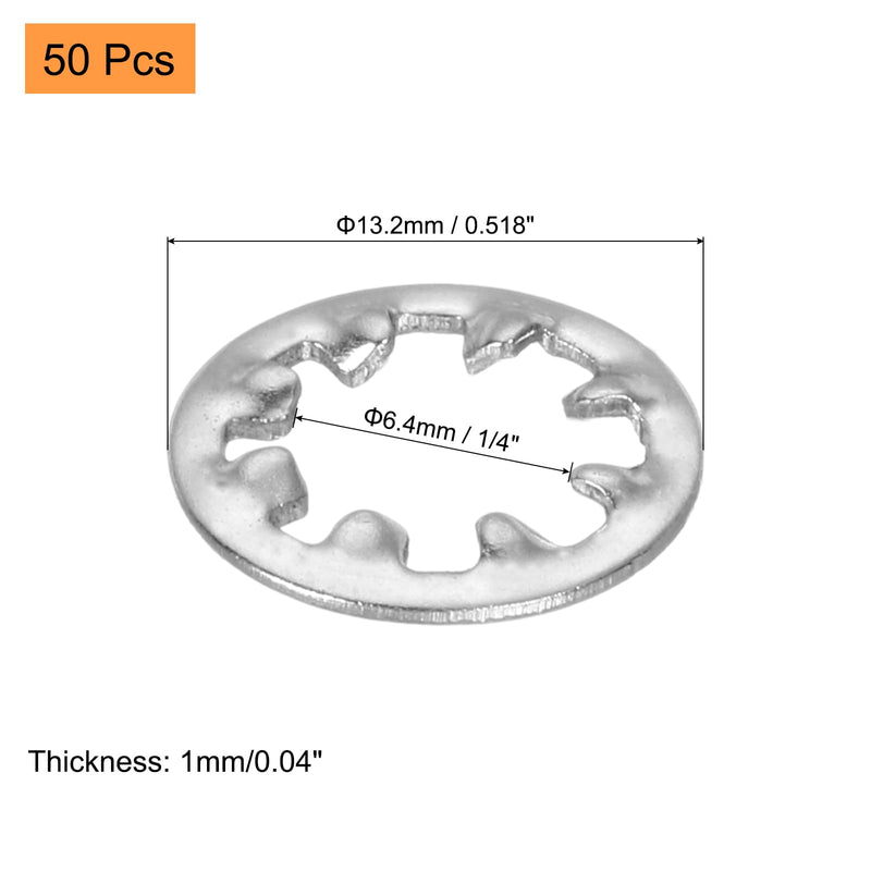 uxcell 50Pcs Internal Tooth Washers, 1/4-Inch Stainless Steel Internal Serrated Washer for Mechanical Equipment Fasteners, Silver Tone 50