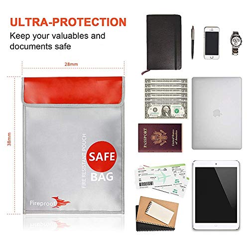 Fireproof Document Pouch 15" x 11" Money Safe - Fireproof Document Bag - Silicone Coated Fire Resistant Bag - Safe Storage for Money or Documents - Waterproof Safe for Documents