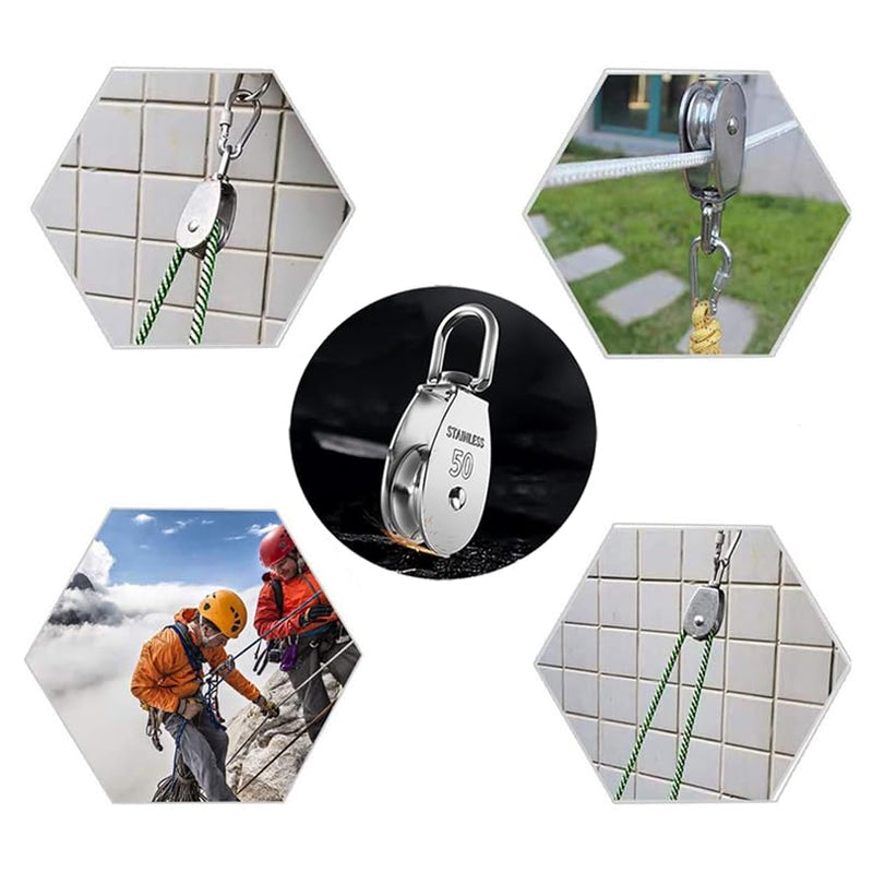 2Pcs M25 Single Pulley Block 304 Stainless Steel Swivel Cable Pulleys for Lifting/Hanging, Heavy Duty Rope Single Wheel Kit, Max-Load 150kg/330lbs