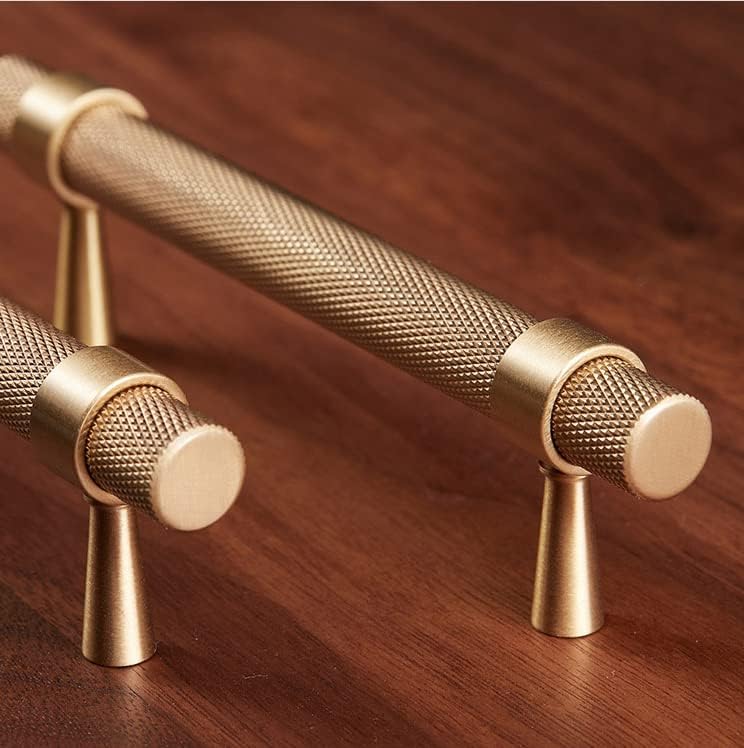 2 Pack Solid Brass Cabinet Pulls, 5 Inch (128mm) Hole Centers Gold Knurled Textured Bar Handles for Drawer Bathroom Kitchen Hardware