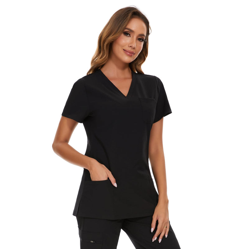 COZYFIT Scrub Tops for Woman - Soft Stretch, V-Neck Top Scrubs with 3 Pockets, Easy Care for Women Black Large