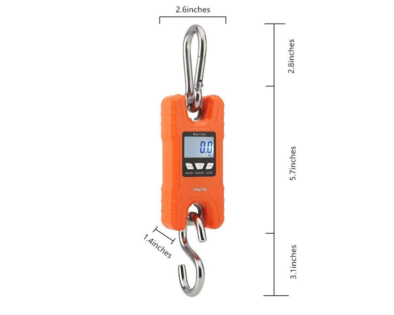 Klau Portable Mini Crane Scale 500 kg / 1000 lb Heavy Duty Digital Hanging Scales LCD Display with Backlight for Home Farm Market Fishing Hunting Orange