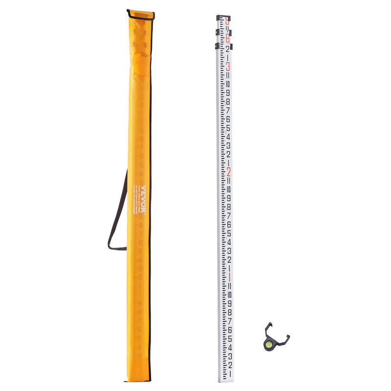 VEVOR Aluminum Grade Rod, 9-Feet/8ths 3 Sections Telescopic Measuring Rod, Double-Sided Scale 1/8in Leveling Rod Stick,Aluminum Alloy Survey Rod with Bubble Level &Carrying Bag for Houses,Walls,Floors 9 FT-8ths