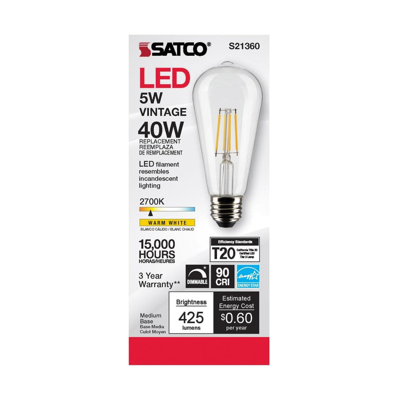 Satco S21360 5-Watt ST19 LED Filament Light Bulbs, Clear, 2700K Warm White, 425 Lumen, Dimmable, E26 Medium Base, Dimmable, Wet Location, 6 Pack