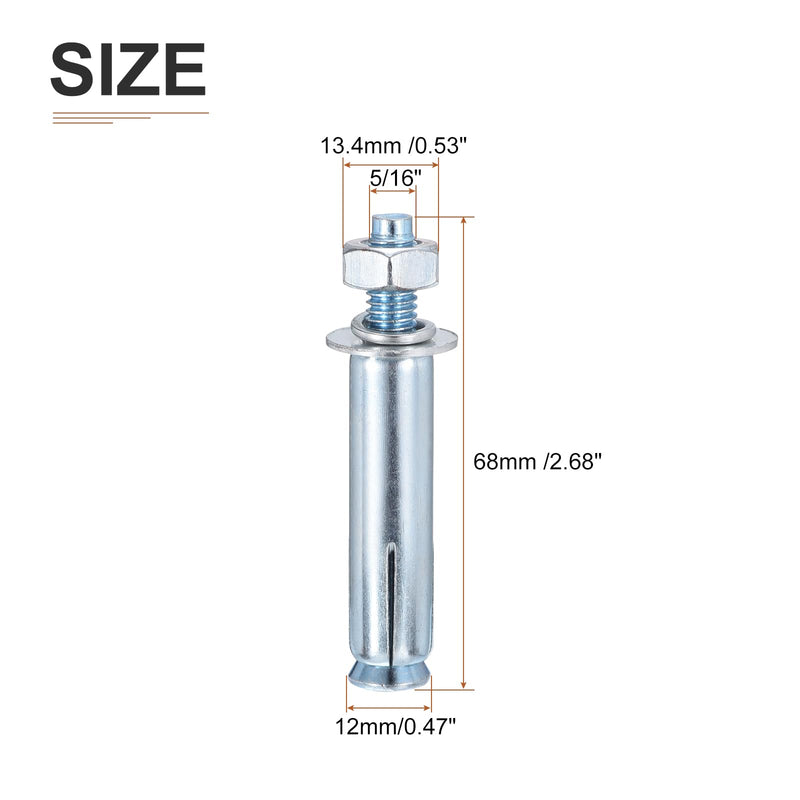 5/16" x 2-1/2" Hex Nut Sleeve Anchors - 15Pack - Good for Concrete Dry Brick Block Walls - Carbon Steel - Silver 15 5/16" x 2-1/2"