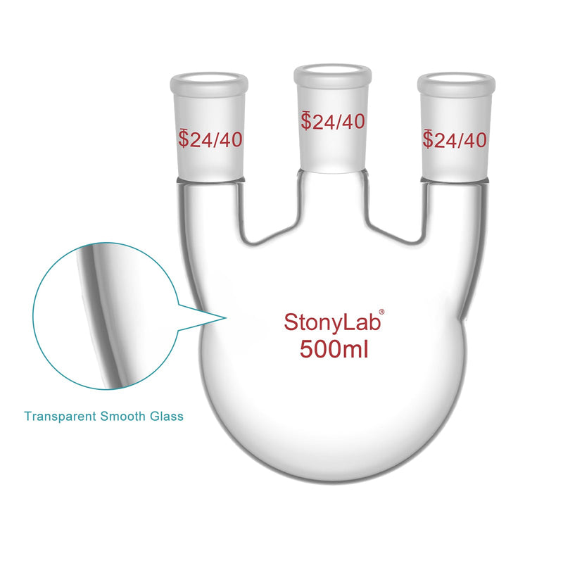 stonylab Round Bottom Flask with 3 Straight Neck-24/40 Standard Joints, 500 ml High Borosilicate Glass, Ideal for Chemistry, Laboratory, Scientific Experiments, Distillation, and Reflux Applications