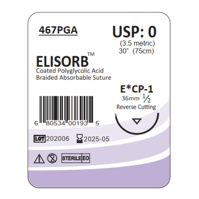 ELISORB Suture with Reverse Cutting Needle, 12 Pack. Sutures for Surgical Wound Training Students, Practice and Educational Use. Multifilament Absorbable Material 0 PGA, 30”, CP1, Violet 467PGA
