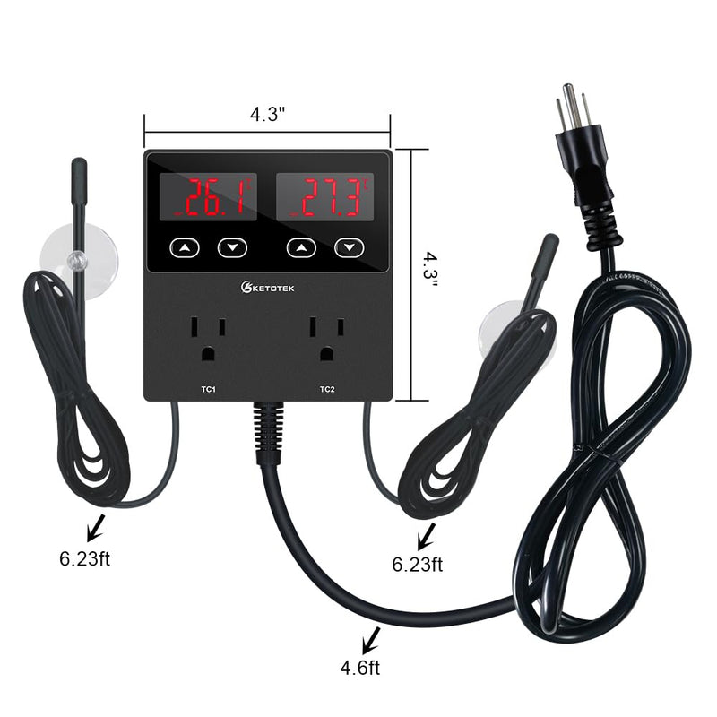 KETOTEK KT99pro Dual Digital Temperature Controller Outlet 10A Relay Heating Coolling Thermostat Controlled Socket with Sensor for Reptile Brewing Fermentation Breeding Incubation Greenhouse