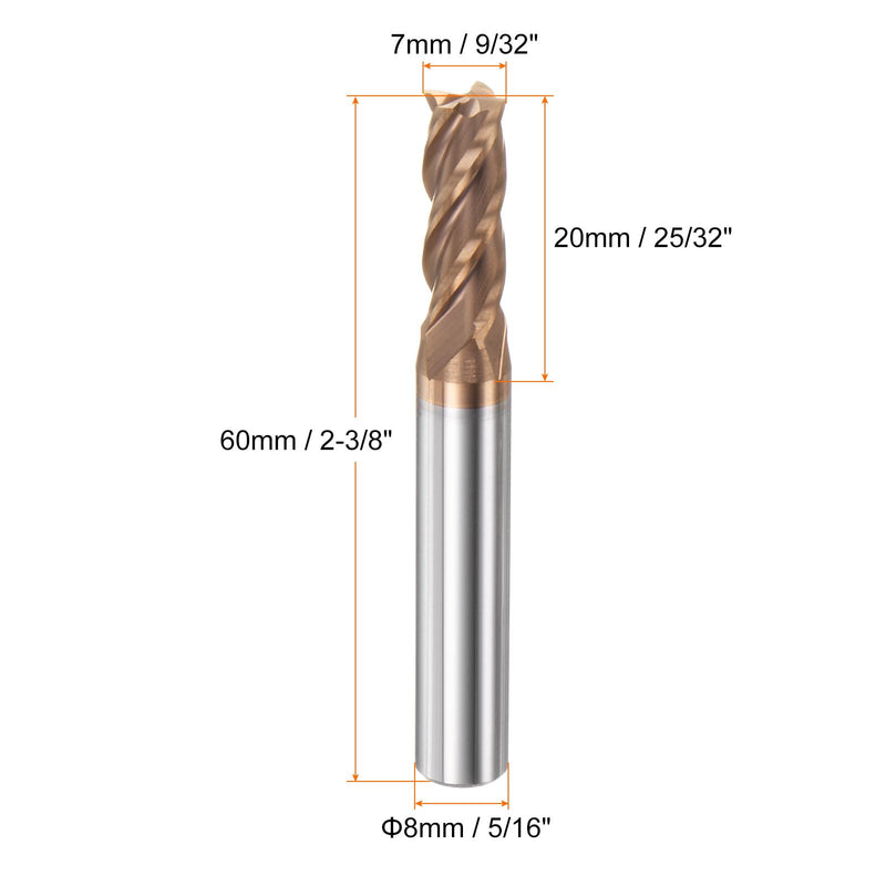 HARFINGTON Micro Grain Carbide Square End Mill 9/32" x 25/32" (7mm x 20mm) Cut 5/16" (8mm) Shank 2-3/8" (60mm) Length AlTiN Coated 4 Flutes Square Nose Cutter for Alloy Steel Hardened Steel 7mm x 20mm x 8mm x 60mm