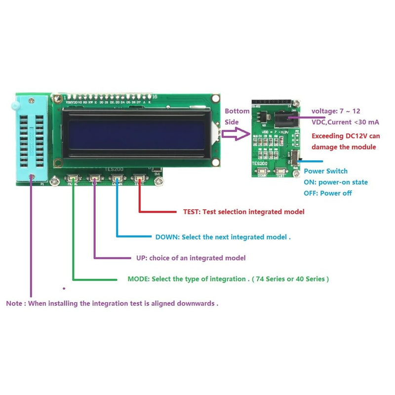TES200 Digital Integrated Circuit Tester 74 40 45 Series IC Logic Gate Checker Module