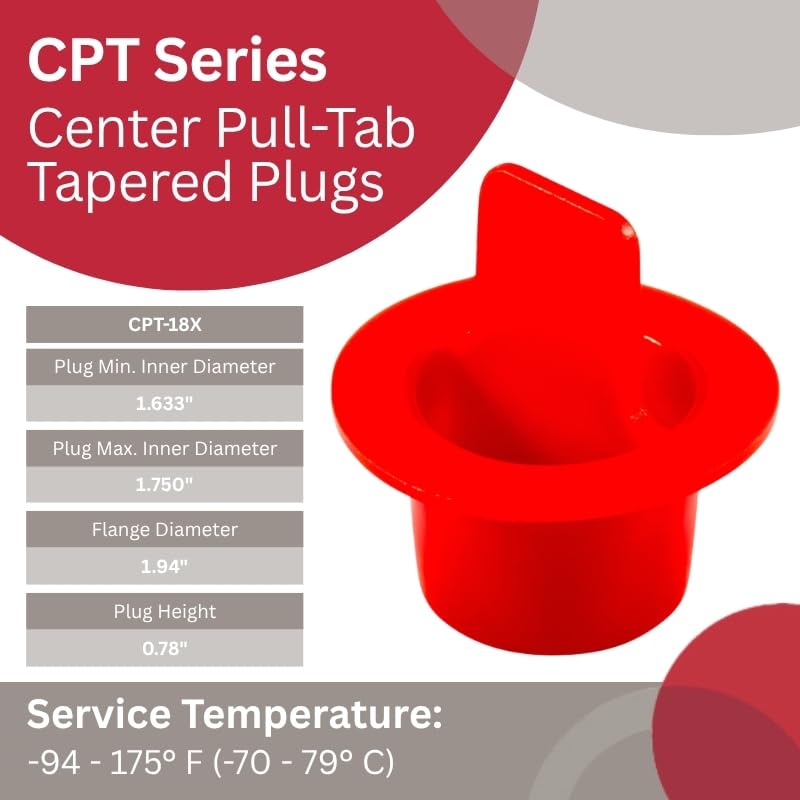 Caplugs CPT-18X CPT Series – Plastic Center Pull-Tab Tapered Plug, 20 Pack, Red LD-PE, Flange OD 1.94" x Plug ID 1.750" Hole Protection, Leak Prevention, Masking, Painting, Powder Coating (ZCPT18XQ1)