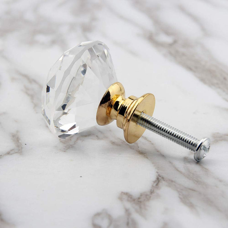 5 Pack Crystal Glass Cabinet Knobs - 30mm Clear Diamond Shape Decorative Gold Base Pulls Handles for Drawer Dresser Kitchen Cabinets Wardrobe Bathroom Vanity Desk (Gold) 5 Pack (Gold)