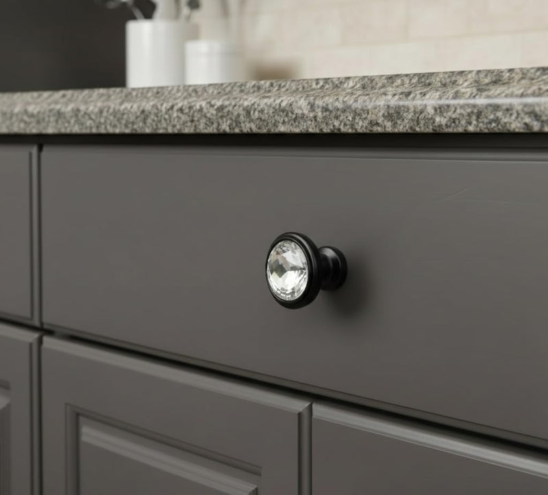 Cosmas 5 Pack 5317FB-C Flat Black Cabinet Hardware Round Knob with Clear Glass - 1-1/4" Diameter
