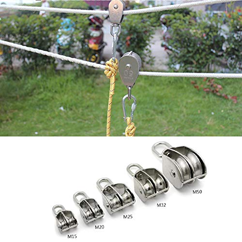 1-Pack M25 Double Pulley Block Stainless Steel Heavy Duty Hardware Double Wheel Swivel Rigging Lifting Wheel Fixed Pulley for Wire Rope Loading 150kg 1