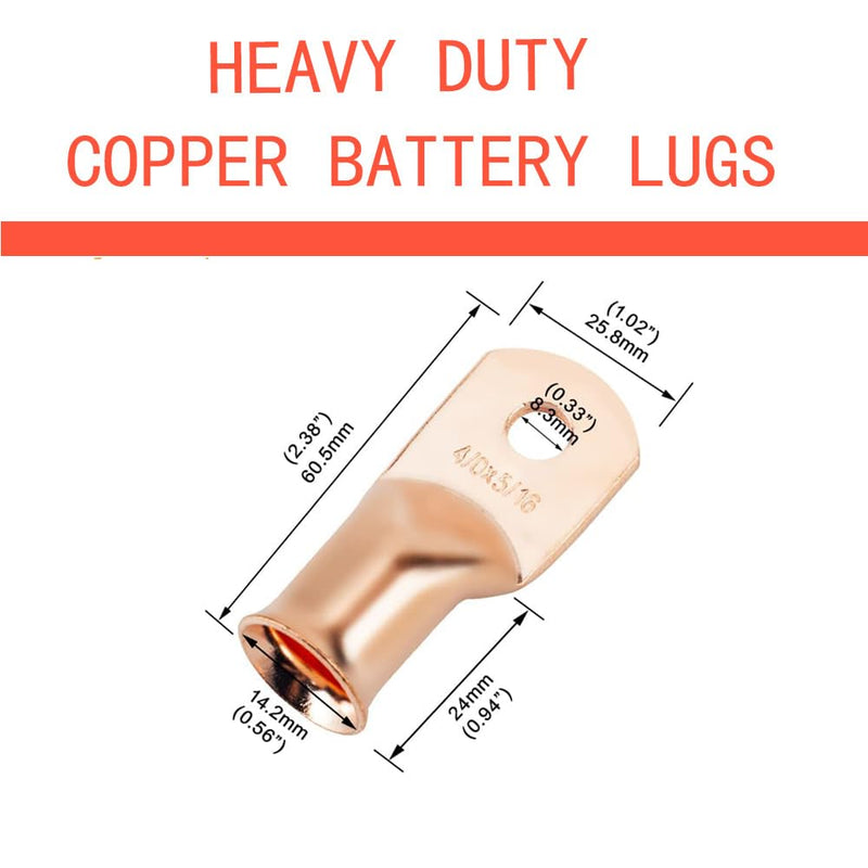 16Pcs 4/0 AWG 5/16" Stud Heavy Duty Copper Wire Lugs with 16Pcs Heat Shrink Tubing 4/0 Gauge Copper Ring Terminals Battery Cable Ends Bare Copper Eyelets Tubular Ring Terminal for Car Boat Marine 4/0 AWG - 5/16'' Ring Gold