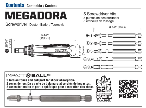(USA Official) VESSEL MEGADORA Interchangeable Ratchet Screwdriver 5PC. Bit Set